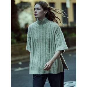 Zara Cable Knit Sweater Women S Sage Green Short Sleeve Pullover Wool Blend Boxy